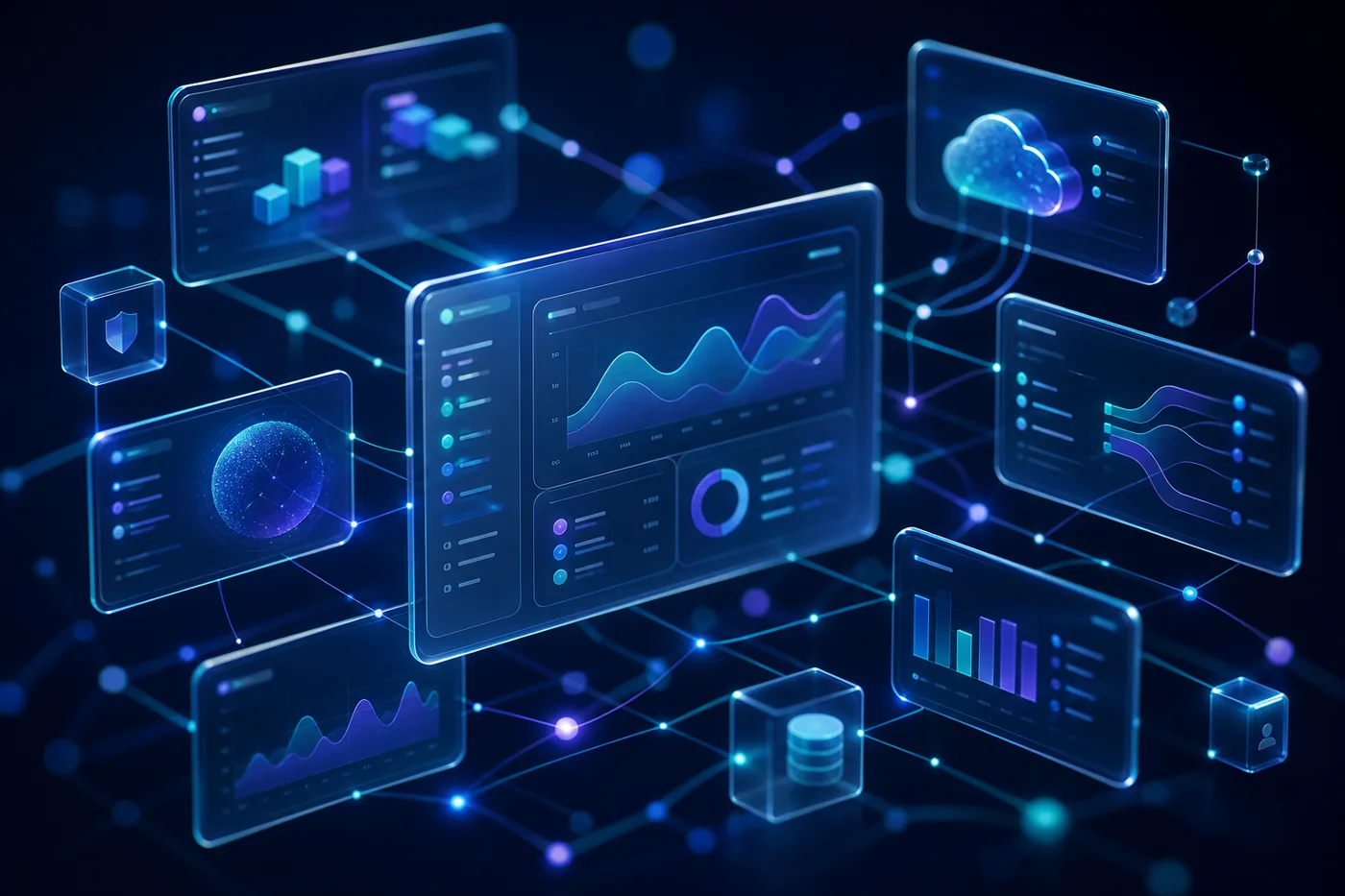 Illustrative VynAI platform interface with connected dashboards, analytics, cloud and data modules