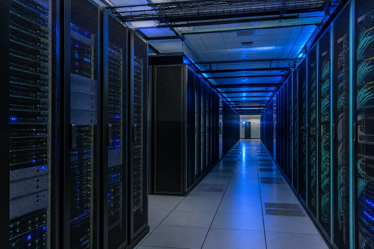 Enterprise data centre server room with neatly managed racks and ambient lighting