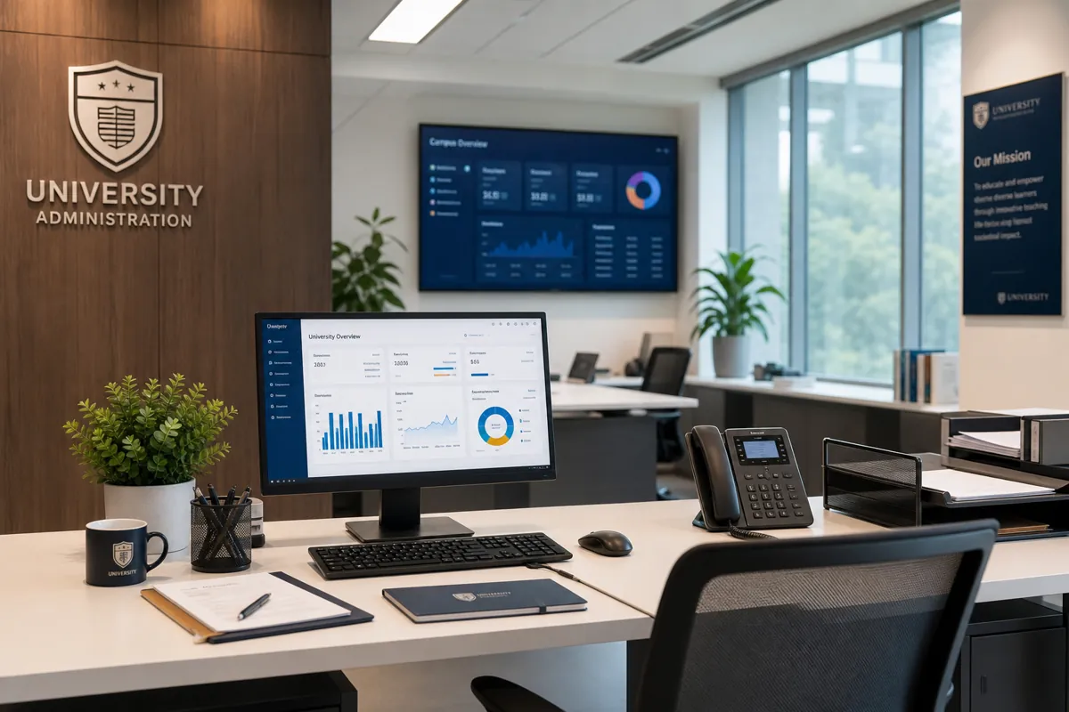 University administration office with digital dashboards on desks