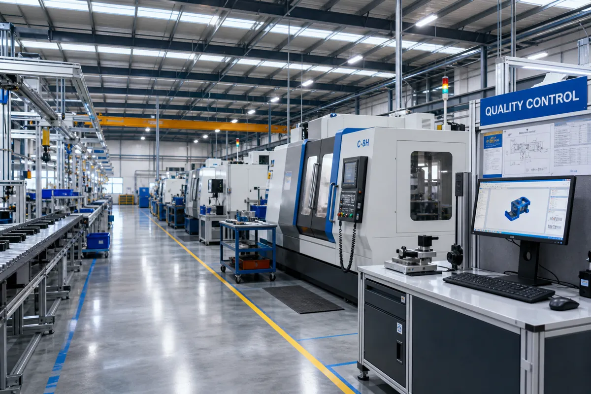 Manufacturing production floor with CNC machinery and a quality-control station